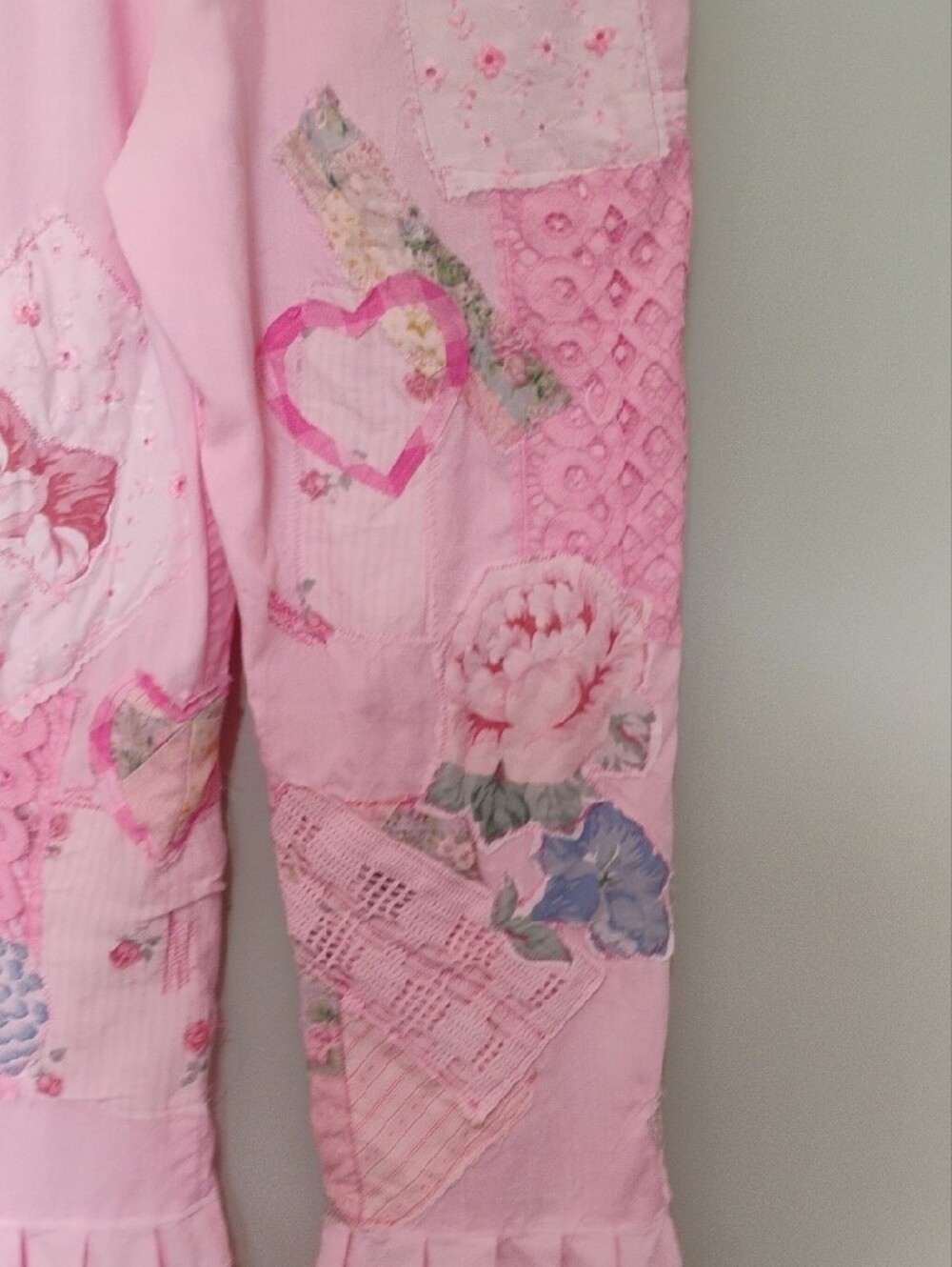 Upcycled Pink Patchwork Bloomer Pants Lace Trim, Cottagecore Floral Applique - Picture 8 of 11